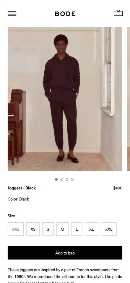 Bode product page on mobile, not disclosed luxury fashion storefront captured at 390 x 844