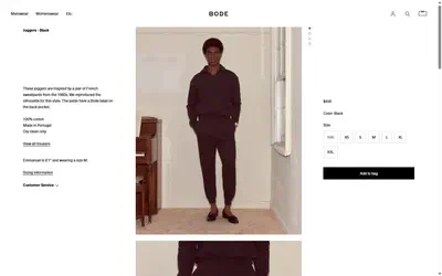 Bode product page on desktop, not disclosed luxury fashion storefront captured at 1440 x 900