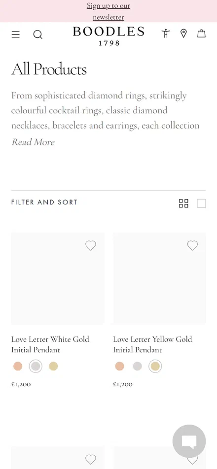 Boodles collection: all products on mobile, not disclosed luxury jewelry storefront captured at 390 x 844