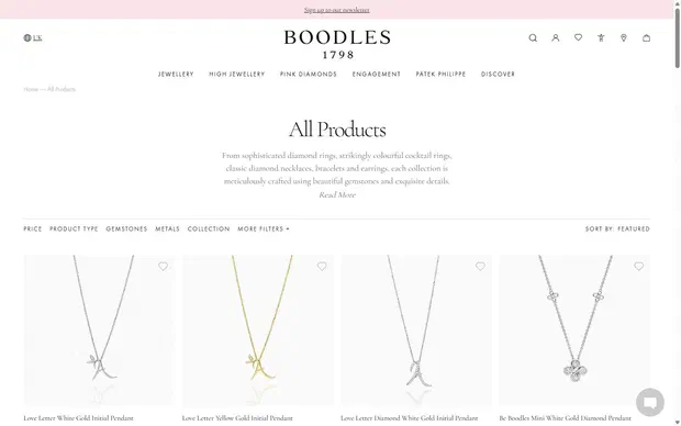 Boodles collection: all products on desktop, not disclosed luxury jewelry storefront captured at 1440 x 900
