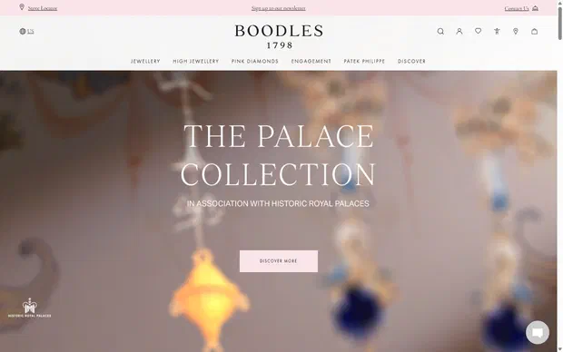 Boodles homepage on desktop, not disclosed luxury jewelry storefront captured at 1440 x 900