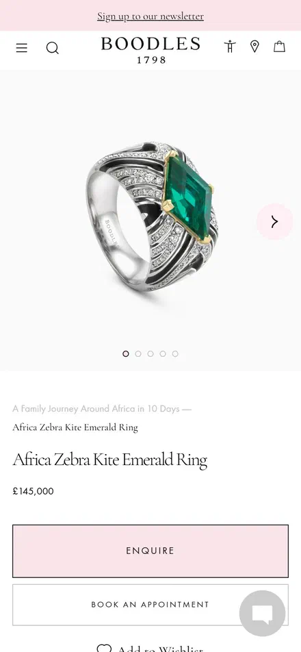Boodles product page on mobile, not disclosed luxury jewelry storefront captured at 390 x 844