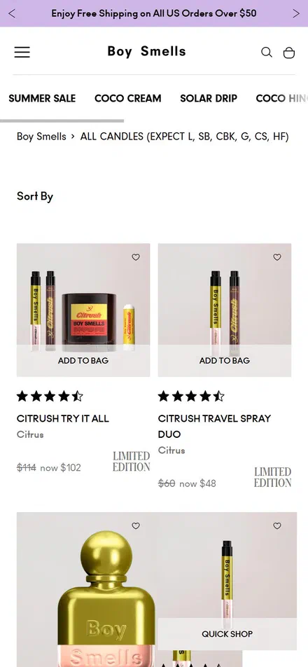 Boy Smells collection: all candles (expect l, sb, cbk, g, cs, hf) on mobile, Shopify luxury beauty storefront captured at 390 x 844