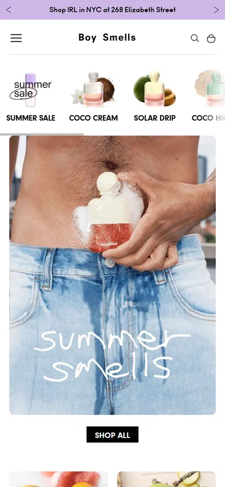 Boy Smells homepage on mobile, Shopify luxury beauty storefront captured at 390 x 844