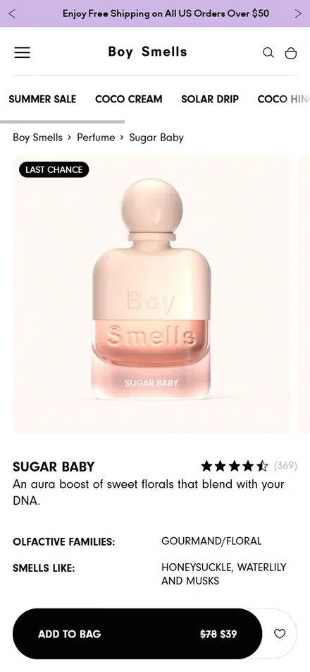 Boy Smells product page on mobile, Shopify luxury beauty storefront captured at 390 x 844