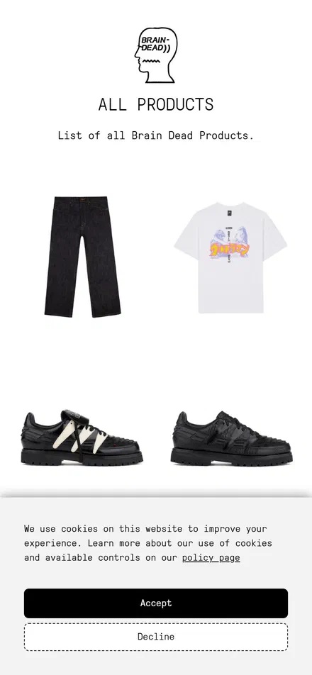 Brain Dead collection: all products on mobile, Shopify luxury fashion storefront captured at 390 x 844