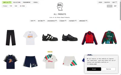 Brain Dead collection: all products on desktop, Shopify luxury fashion storefront captured at 1440 x 900