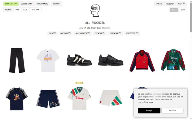 Brain Dead collection: all products on desktop, Shopify luxury fashion storefront captured at 1440 x 900