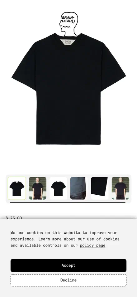 Brain Dead product page on mobile, Shopify luxury fashion storefront captured at 390 x 844
