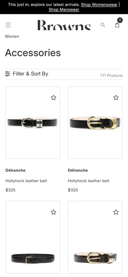 Browns Fashion collection: accessories on mobile, Shopify luxury retail storefront captured at 390 x 844