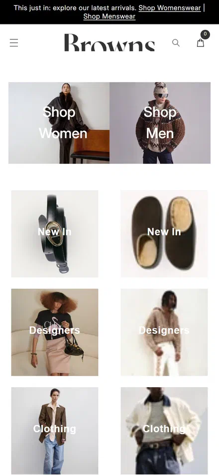 Browns Fashion homepage on mobile, Shopify luxury retail storefront captured at 390 x 844