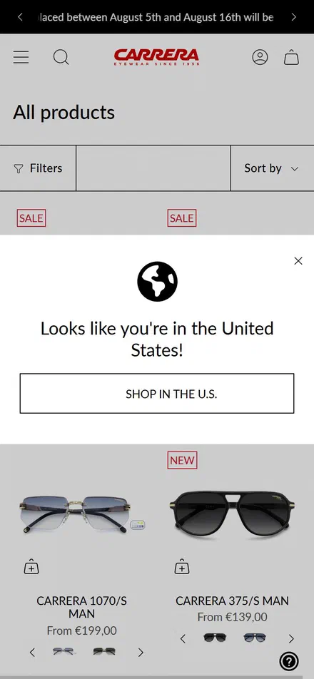 Carrera Eyewear collection: all products on mobile, Shopify luxury eyewear storefront captured at 390 x 844