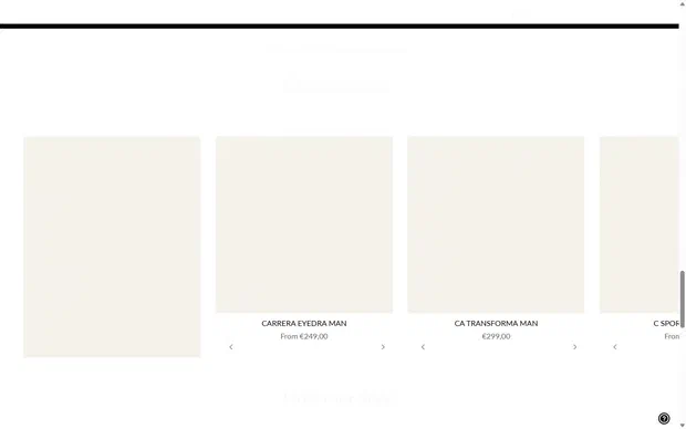 Carrera Eyewear homepage on desktop, Shopify luxury eyewear storefront captured at 1440 x 900
