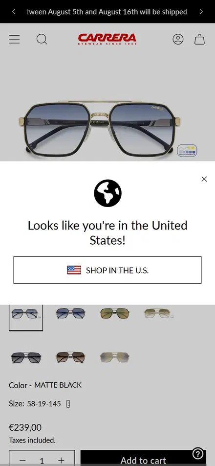 Carrera Eyewear product page on mobile, Shopify luxury eyewear storefront captured at 390 x 844