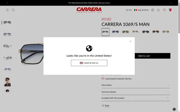 Carrera Eyewear product page on desktop, Shopify luxury eyewear storefront captured at 1440 x 900
