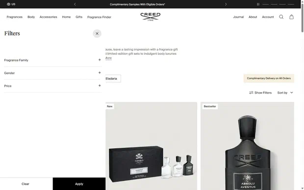 Creed Boutique collection: all fragrance gifts on desktop, not disclosed luxury beauty storefront captured at 1440 x 900