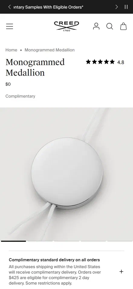 Creed Boutique product page on mobile, not disclosed luxury beauty storefront captured at 390 x 844