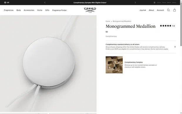 Creed Boutique product page on desktop, not disclosed luxury beauty storefront captured at 1440 x 900