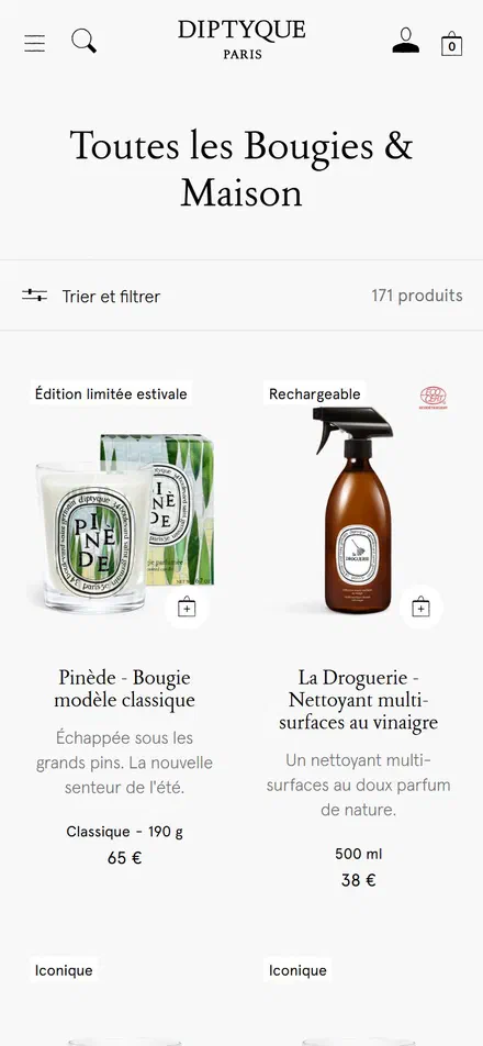Diptyque collection: toutes les bougies & maison on mobile, not disclosed luxury beauty storefront captured at 390 x 844