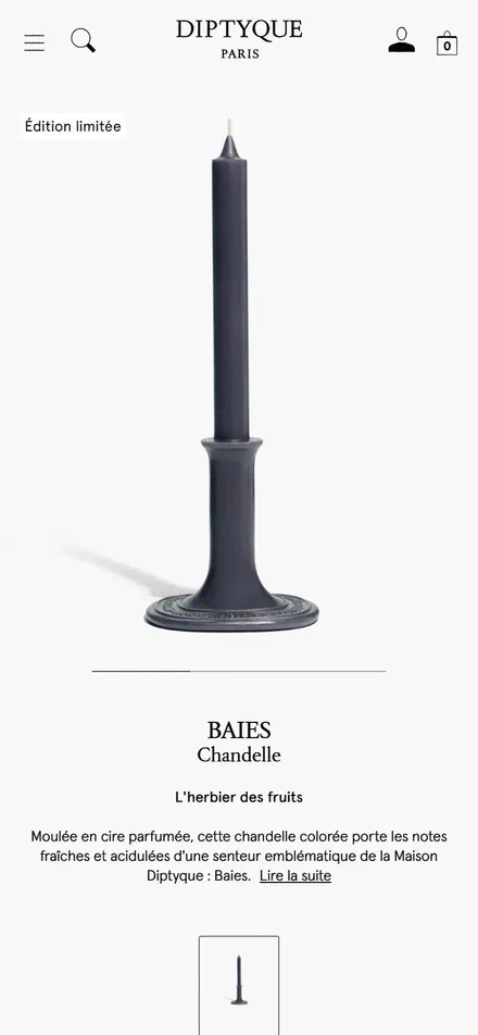 Diptyque product page on mobile, not disclosed luxury beauty storefront captured at 390 x 844