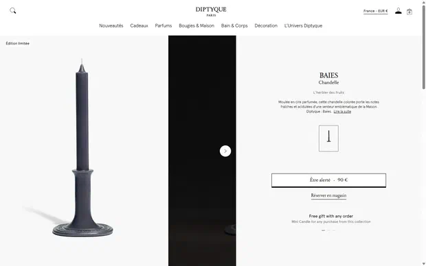Diptyque product page on desktop, not disclosed luxury beauty storefront captured at 1440 x 900