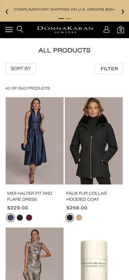 Donna Karan collection: all products on mobile, Shopify luxury fashion storefront captured at 390 x 844