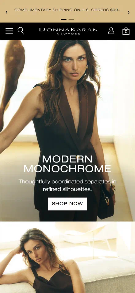 Donna Karan homepage on mobile, Shopify luxury fashion storefront captured at 390 x 844
