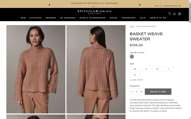 Donna Karan product page on desktop, Shopify luxury fashion storefront captured at 1440 x 900