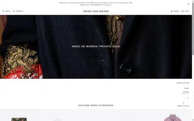 Dries Van Noten collection: aw25-26 women: private sale on desktop, Shopify luxury fashion storefront captured at 1440 x 900