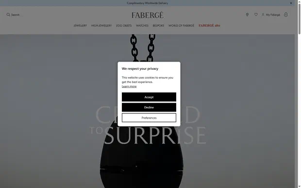 Fabergé homepage on desktop, Shopify luxury jewelry storefront captured at 1440 x 900