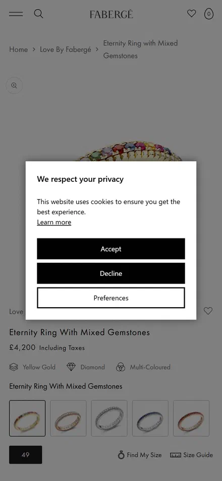 Fabergé product page on mobile, Shopify luxury jewelry storefront captured at 390 x 844