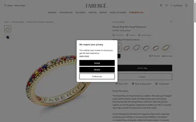 Fabergé product page on desktop, Shopify luxury jewelry storefront captured at 1440 x 900