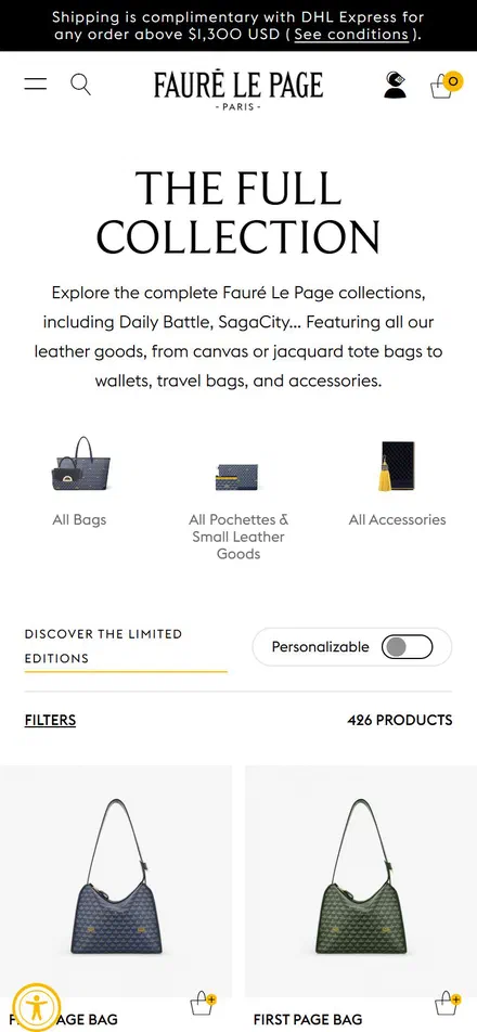 Fauré Le Page collection: all bags on mobile, Shopify luxury leather storefront captured at 390 x 844