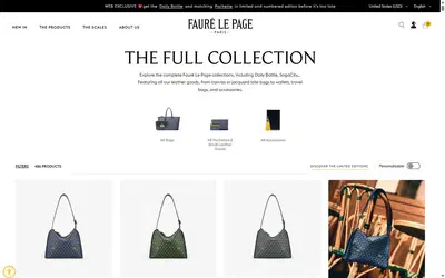 Fauré Le Page collection: all bags on desktop, Shopify luxury leather storefront captured at 1440 x 900