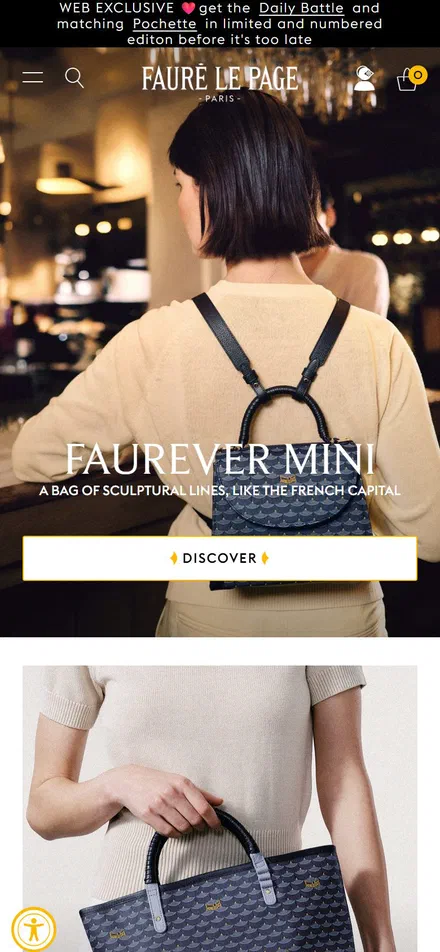 Fauré Le Page homepage on mobile, Shopify luxury leather storefront captured at 390 x 844