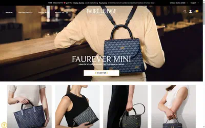 Fauré Le Page homepage on desktop, Shopify luxury leather storefront captured at 1440 x 900