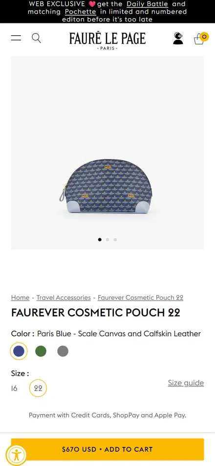 Fauré Le Page product page on mobile, Shopify luxury leather storefront captured at 390 x 844