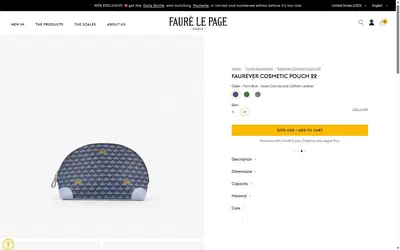 Fauré Le Page product page on desktop, Shopify luxury leather storefront captured at 1440 x 900