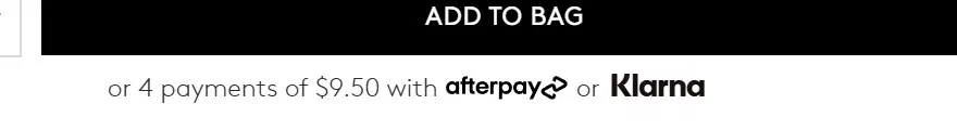 Fenty Beauty add to cart button photographed on its product page, reading Add to Bag, #000000 on #ffffff