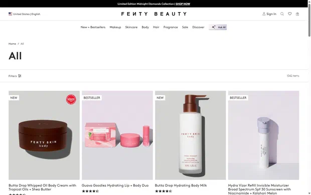 Fenty Beauty collection: all on desktop, not disclosed luxury beauty storefront captured at 1440 x 900