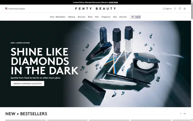 Fenty Beauty homepage on desktop, not disclosed luxury beauty storefront captured at 1440 x 900