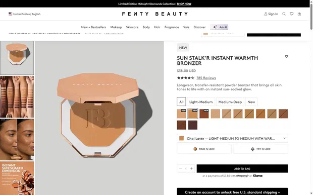 Fenty Beauty product page on desktop, not disclosed luxury beauty storefront captured at 1440 x 900