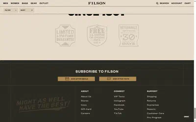 Filson collection: accessories on desktop, Shopify luxury leather goods storefront captured at 1440 x 900