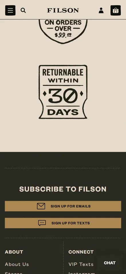 Filson homepage on mobile, Shopify luxury leather goods storefront captured at 390 x 844