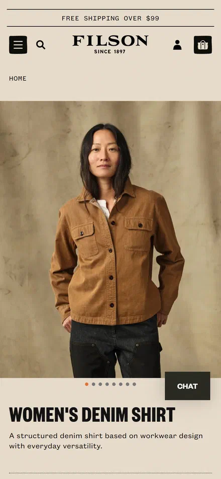 Filson product page on mobile, Shopify luxury leather goods storefront captured at 390 x 844