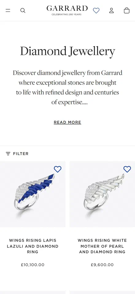 Garrard collection: diamond jewellery on mobile, not disclosed luxury jewelry storefront captured at 390 x 844