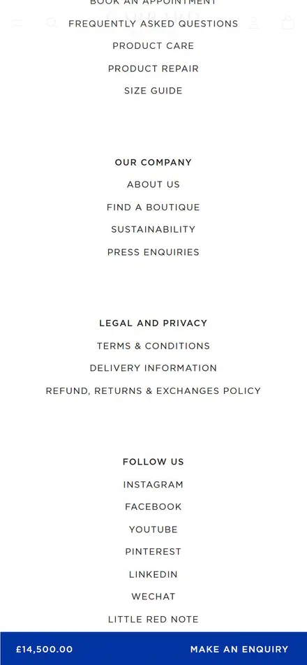 Garrard product page on mobile, not disclosed luxury jewelry storefront captured at 390 x 844