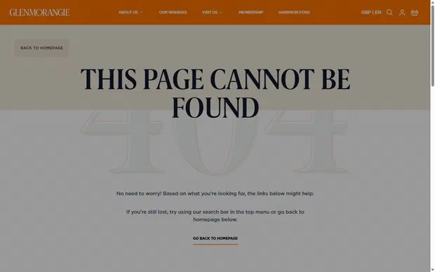 Glenmorangie product page on desktop, not disclosed luxury drinks storefront captured at 1440 x 900