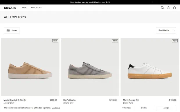 Greats collection: all low tops on desktop, Shopify luxury footwear storefront captured at 1440 x 900