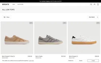 Greats collection: all low tops on desktop, Shopify luxury footwear storefront captured at 1440 x 900